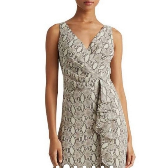 Lauren Ralph Lauren Taupe Snake Surplice Print Dress Womens 14 Midi Python EUC - Picture 2 of 16